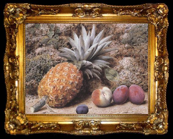 framed  John Sherrin A Pineapple,a Peach and Plums on a mossy Bank (mk37), ta009-2
